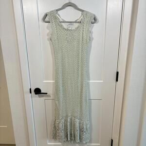 Newport News Ivory Crochet Sleeveless Maxi Mermaid Dress With Scallop Trim & Ruf